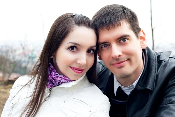 Beautiful young love couple in city Prague — Stock Photo, Image