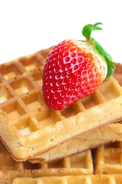 Big juicy ripe strawberries and waffles isolated on white — Stock Photo, Image