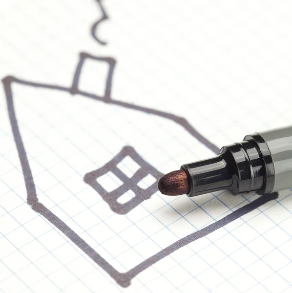 Marker and painted the house on the notebook sheet — Stock Photo, Image