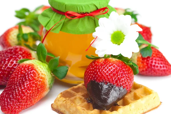 Große saftige reife Erdbeeren in Schokolade, Blüte, einem Glas Honig — Stockfoto