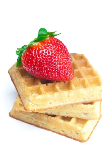 Big juicy ripe strawberries and waffles isolated on white — Stock Photo, Image