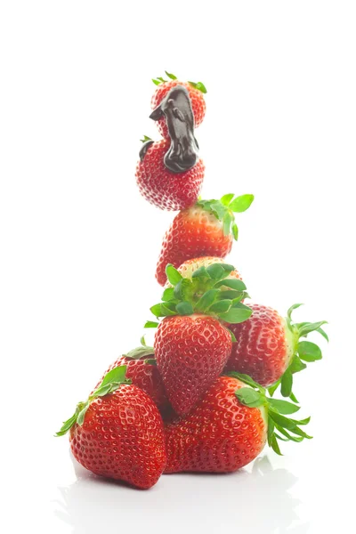 Berg große saftige Erdbeeren in Schokolade isoliert auf weiß — Stockfoto