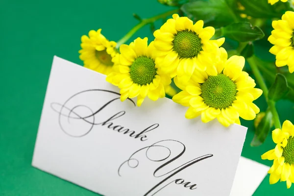 Yellow daisy and card signed thank you on green background — Stock Photo, Image
