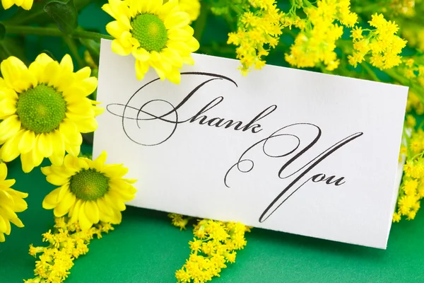 黄色雏菊和卡签署绿色背景上谢谢你 — 图库照片