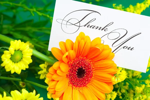 Gerbera,yellow daisy and card signed thank you on green backgrou — Stock Photo, Image