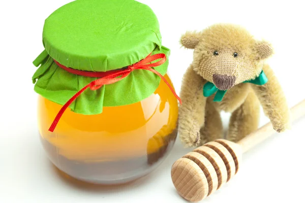 Ursinho de pelúcia, adere ao hohey e frasco de mel isolado no branco — Fotografia de Stock