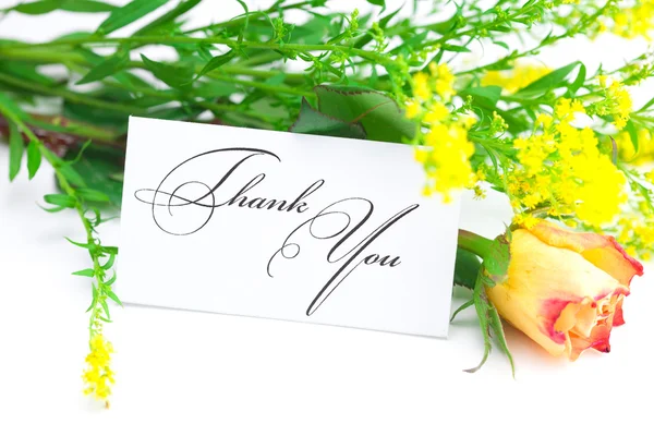 Yellow red rose ,yellow field flower and a card with the words — Stock Photo, Image