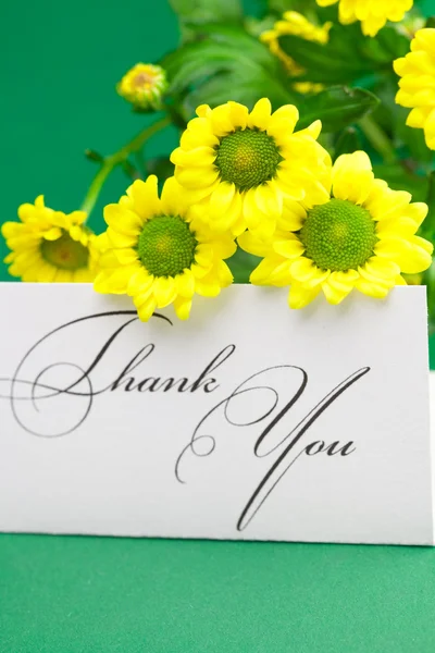 黄色雏菊和卡签署绿色背景上谢谢你 — 图库照片
