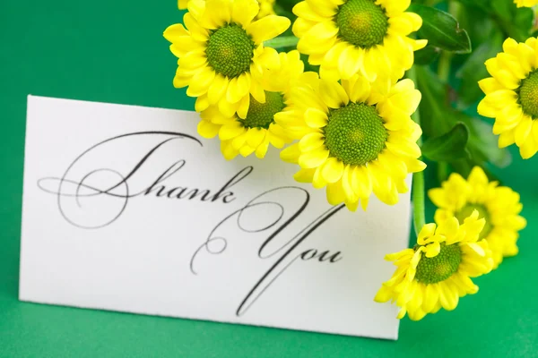 Žluté sedmikrásky a kartu podepsali Děkuji na zeleném pozadí — Stock fotografie