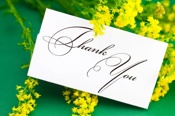 Żółty stokrotka i karta podpisane dziękuję na zielonym tle — Zdjęcie stockowe