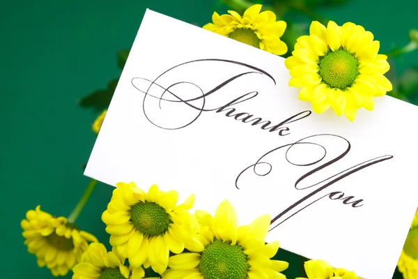 Yellow daisy and card signed thank you on green background — Stock Photo, Image