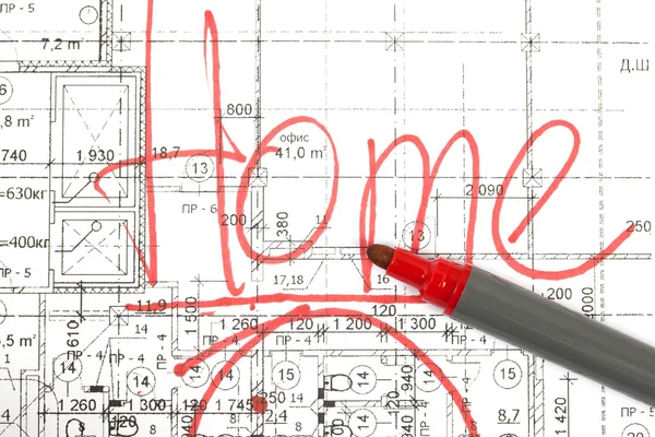 Arka plan mimari çizimleri ve bir işaretleyici — Stok fotoğraf