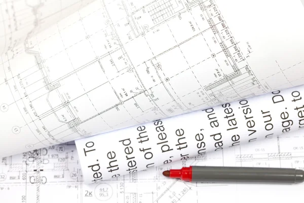 Background of the architectural drawings and a marker — Stock Photo, Image