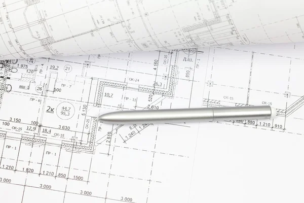 Background of the architectural drawings and pen — Stock Photo, Image