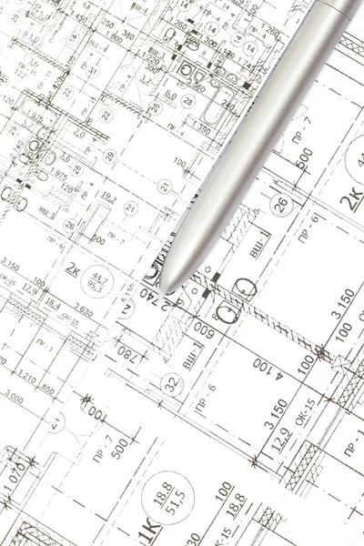 Sfondo dei disegni architettonici e penna — Foto Stock