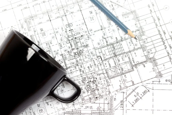 Background of the architectural drawings,cup and pencil — Stock Photo, Image