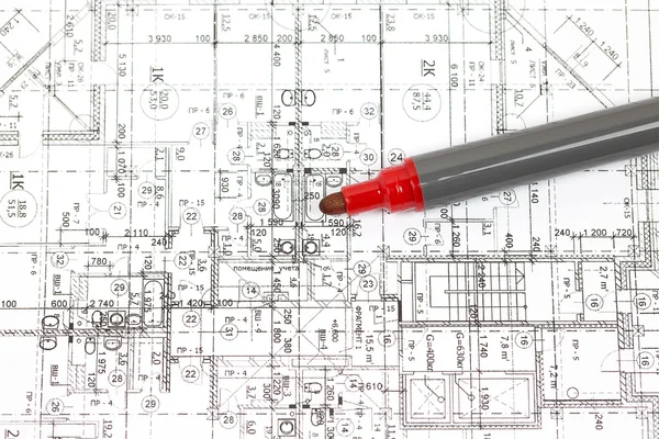 Background of the architectural drawings and a marker — Stock Photo, Image