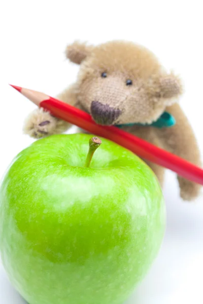 Teddy bear, apple and colored pencils isolated on white Royalty Free Stock Images