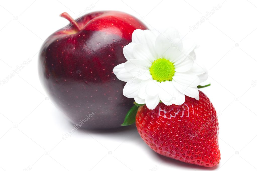 Big juicy red ripe strawberries,flower and apple isolated on wh