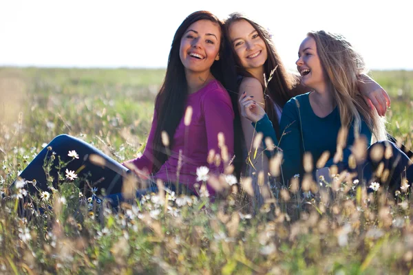 Três jovem mulher bonita sentado em um campo no céu backg — Fotografia de Stock