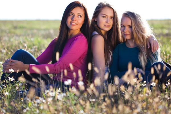 Drie jonge mooie vrouw zitten in een veld op de hemel backg — Stockfoto