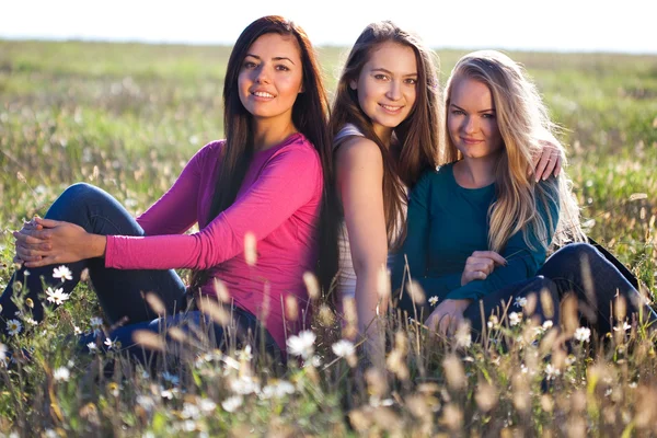Três jovem mulher bonita sentado em um campo no céu backg — Fotografia de Stock