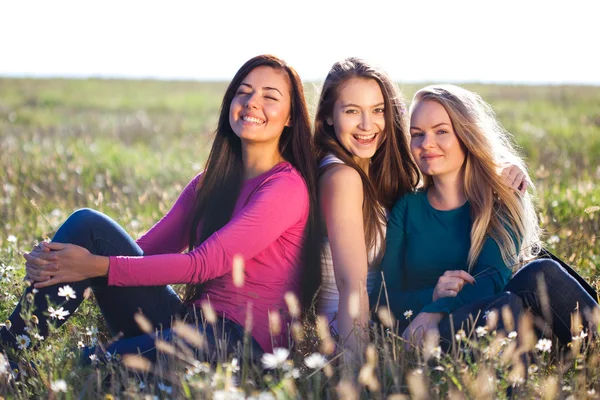 Trois jeunes belles femmes assises dans un champ sur le fond du ciel — Photo
