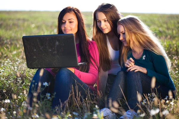 Три молода красива жінка з ноутбуком, сидячи в полі о — стокове фото