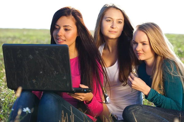 Tre unga vackra kvinnan med en laptop sitter i fältet o — Stockfoto