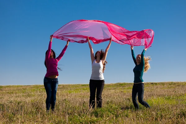 Tre giovani bella donna che salta con tessuto nel campo a — Foto Stock