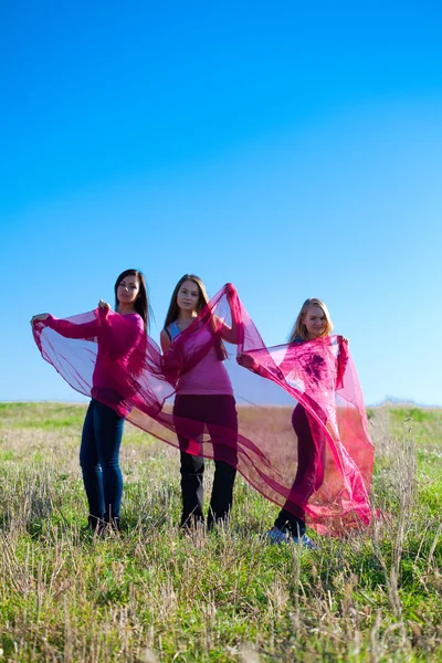 Three young beautiful woman standing with tissue into the field — Stock Photo, Image
