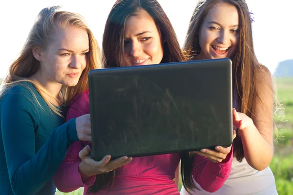 Three young beautiful woman with a laptop in the field on sky ba — Stock Photo, Image