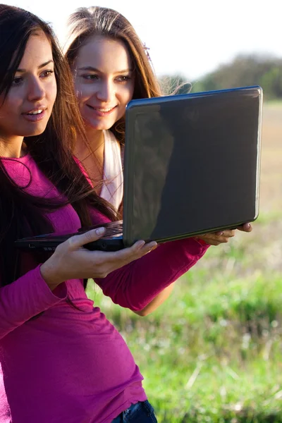Drei junge schöne Frau mit einem Laptop auf dem Feld am Himmel ba — Stockfoto