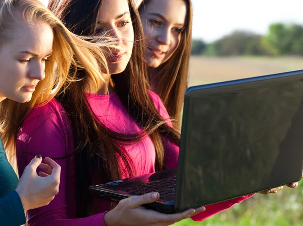 Τρεις νέοι όμορφη γυναίκα με ένα φορητό υπολογιστή στο πεδίο σε ουρανό ΒΑ — Φωτογραφία Αρχείου