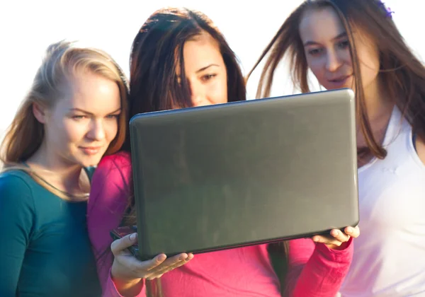 Tre giovani bella donna con un computer portatile sul campo su sky ba — Foto Stock