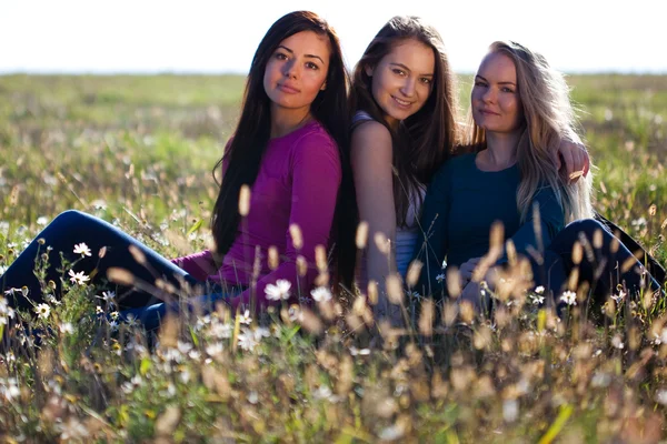 Three young beautiful woman sitting in a field on the sky backg — Stock Photo, Image