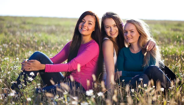 하늘 찾기 필드에 앉아있는 세 젊은 아름 다운 여자 — 스톡 사진