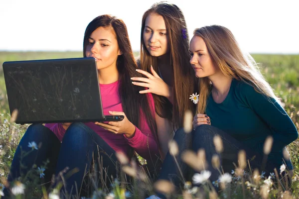 Tres hermosa mujer joven con un ordenador portátil sentado en el campo o — Foto de Stock