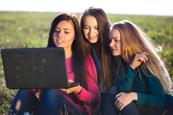 Tres hermosa mujer joven con un ordenador portátil sentado en el campo o — Foto de Stock
