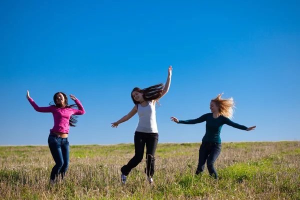 3 젊은 아름 다운 여자 들에 대 한 필드에 점프 — 스톡 사진
