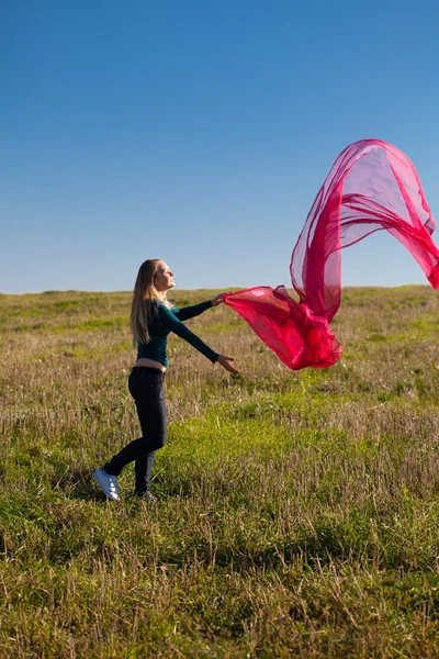 Mladá krásná žena skákat s tkání do pole proti — Stock fotografie