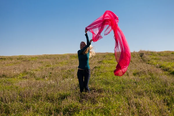 Mladá krásná žena skákat s tkání do pole proti — Stock fotografie