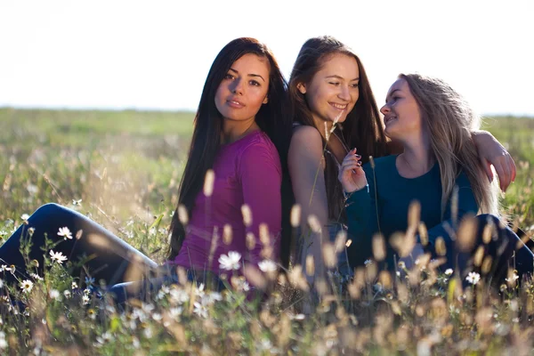 Tři mladá krásná žena, sedící v poli na pozadí oblohy — Stock fotografie