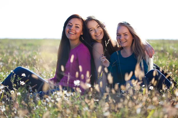 Tre unge smukke kvinde sidder på en mark på himlen backg - Stock-foto