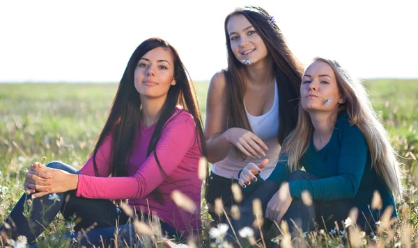 Three young beautiful woman sitting in a field on the sky backg — Stock Photo, Image