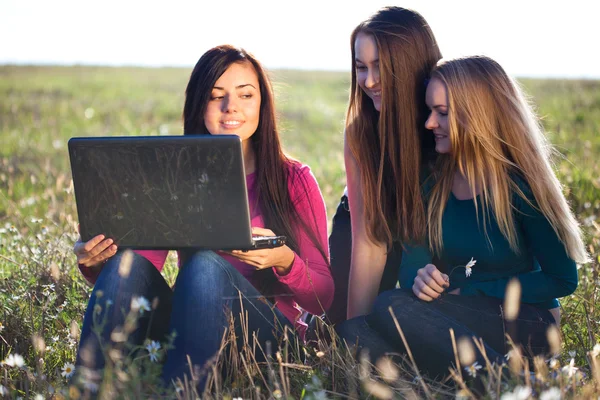 Tre unga vackra kvinnan med en laptop sitter i fältet o — Stockfoto
