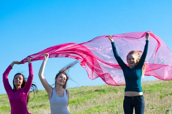 Três jovem bela mulher pulando com tecido para o campo de um — Fotografia de Stock