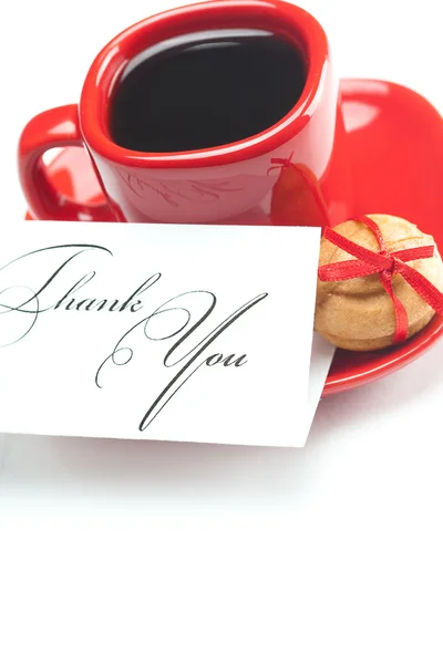 Cup with coffee ,thank you card,cake nut and ribbon isolated on — Stock Photo, Image