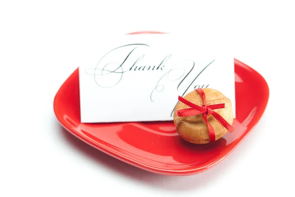 Thank you card,cake nut and ribbon isolated on white — Stock Photo, Image
