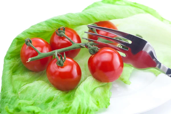 Tomate y lechuga con un tenedor en un plato aislado en blanco — Foto de Stock